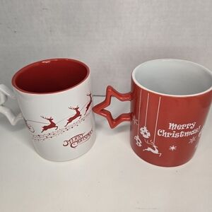 Bruntmor MERRY CHRISTMAS Mugs Star Shaped Handles Red/White, White/Red Pair